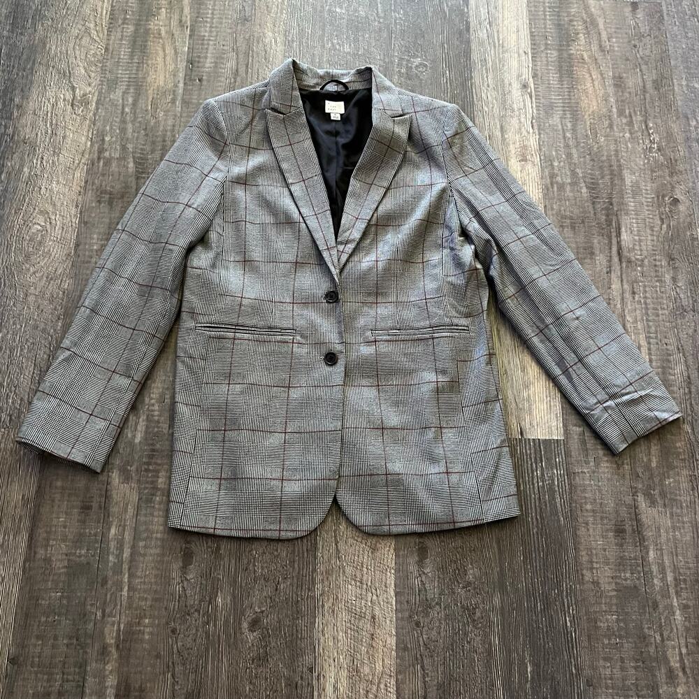 A New Day Women's Medium Gray Plaid Blazer Long Tailored Fully Lined